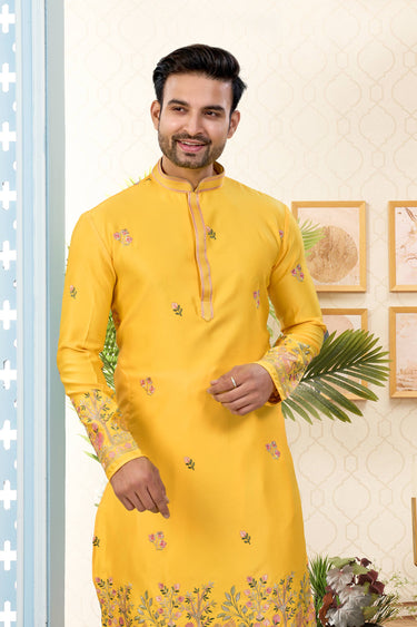 Art Silk Fabric Yellow Wedding Wear Readymade Kurta With Dhoti For Men