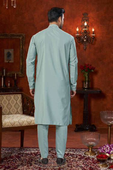 Art Silk Cyan Wedding Wear Readymade Kurta Pyjama For Men