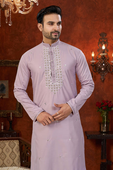 Art Silk Lavender Wedding Wear Readymade Kurta Pyjama For Men