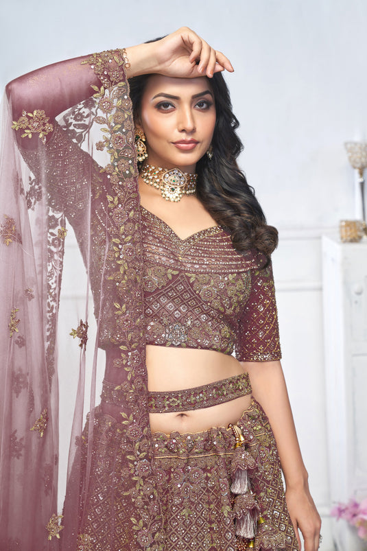 Alluring Net Dark Purple Wedding Lehenga Choli