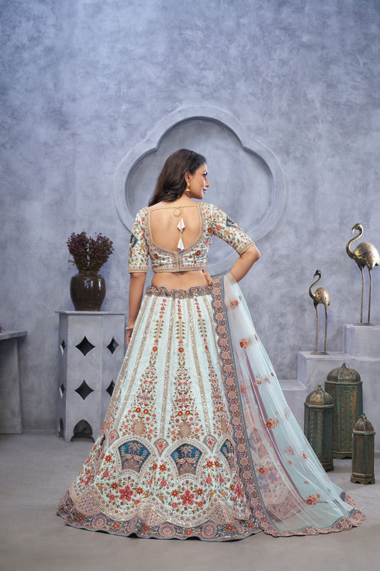 Enriching Organza Silk Sky Blue Wedding Lehenga Choli