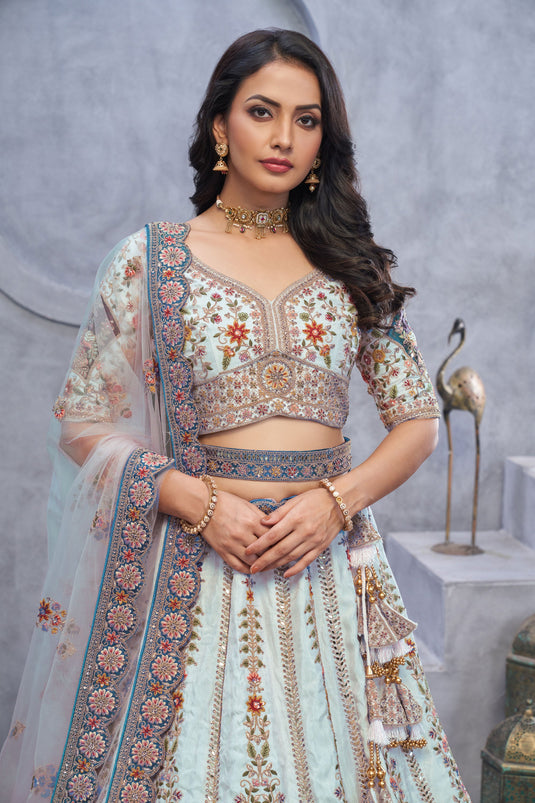 Enriching Organza Silk Sky Blue Wedding Lehenga Choli