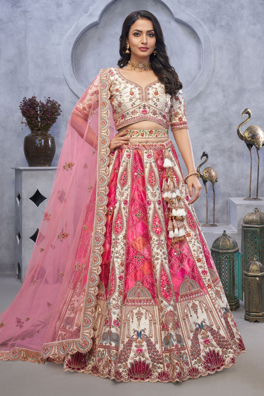 Alluring Organza Silk Beige Wedding Lehenga Choli