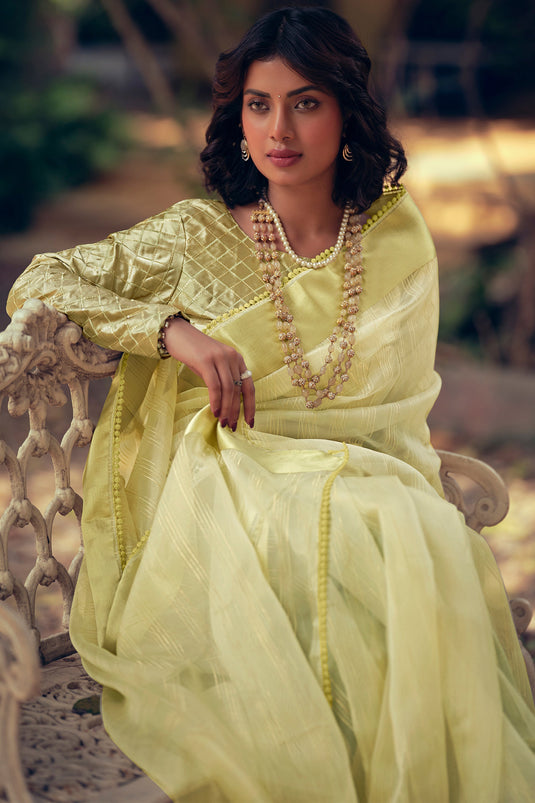 Luxurious Yellow Organza Fabric Saree