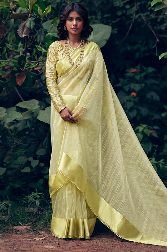 Luxurious Yellow Organza Fabric Saree