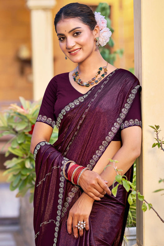 Charming Wine Chiffon Festive Saree With Fancy Border