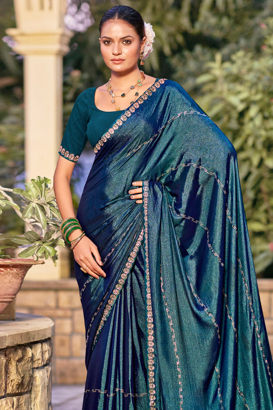 Lovely Teal Chiffon Traditional Festive Wear Saree