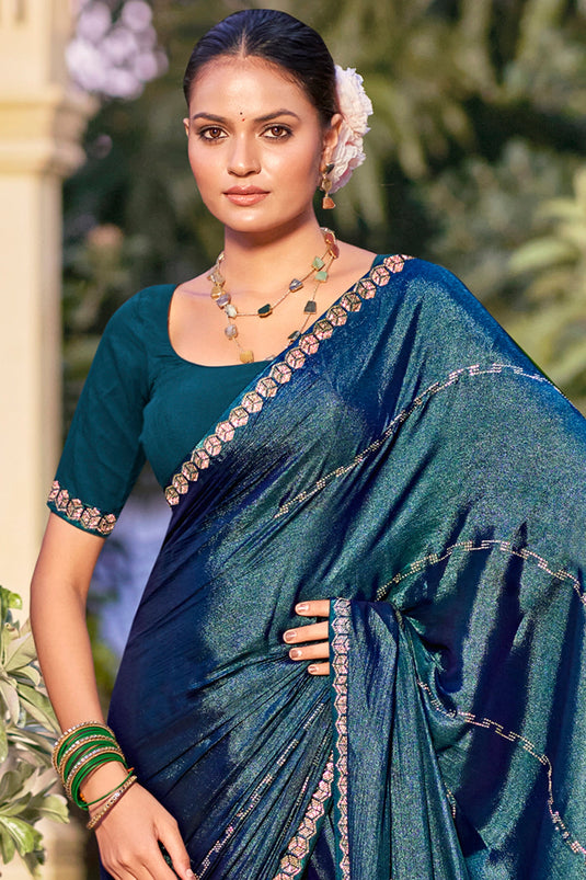 Lovely Teal Chiffon Traditional Festive Wear Saree