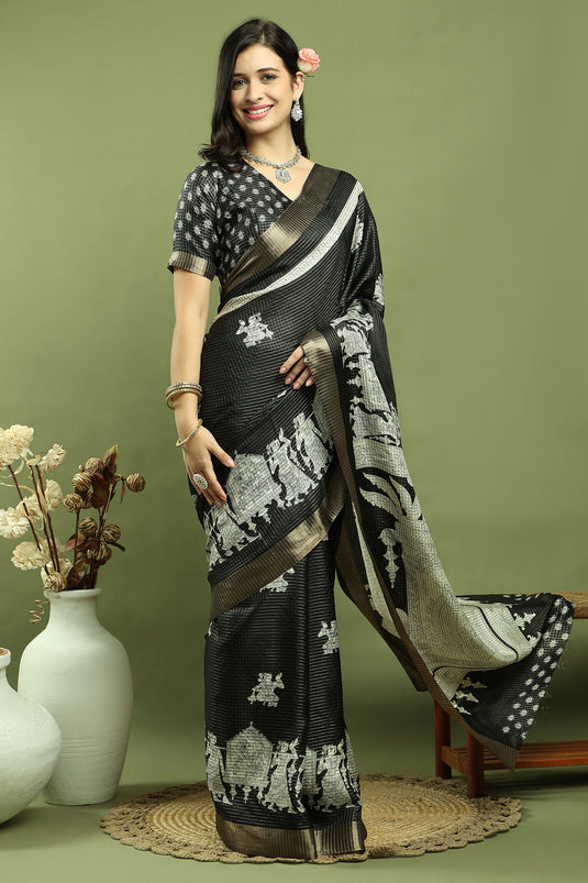 Art Silk Traditional Saree In Black Color