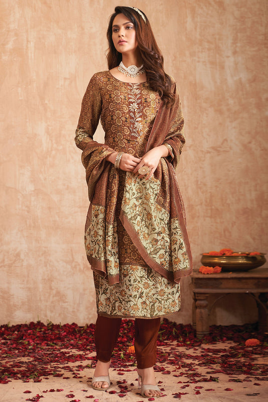 Digital Print Function Wear Salwar Kameez In Brown Color