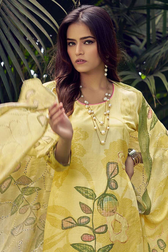 Lemon Yellow Casual Muslin Printed Salwar Kameez