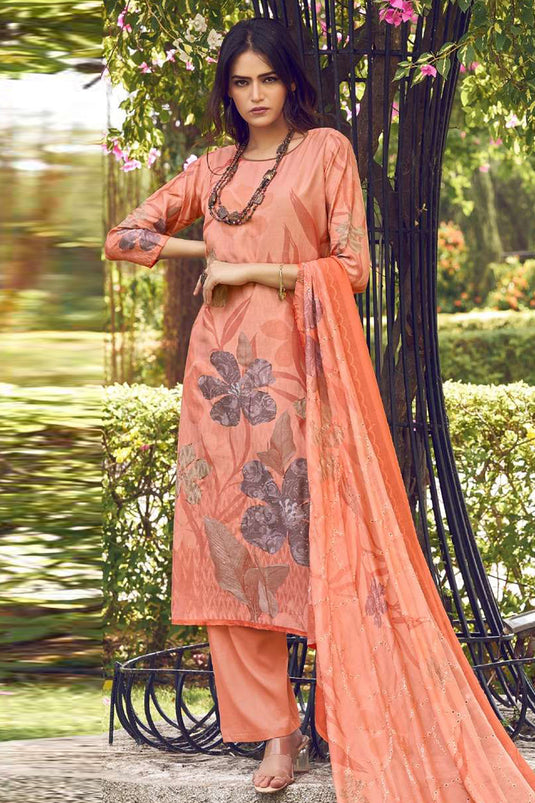 Daily Wear Printed Muslin Fabric Salwar Suit In Peach Color