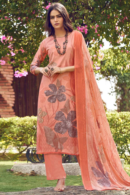 Daily Wear Printed Muslin Fabric Salwar Suit In Peach Color