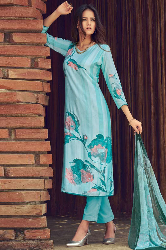 Sky Blue Casual Printed Salwar Kameez