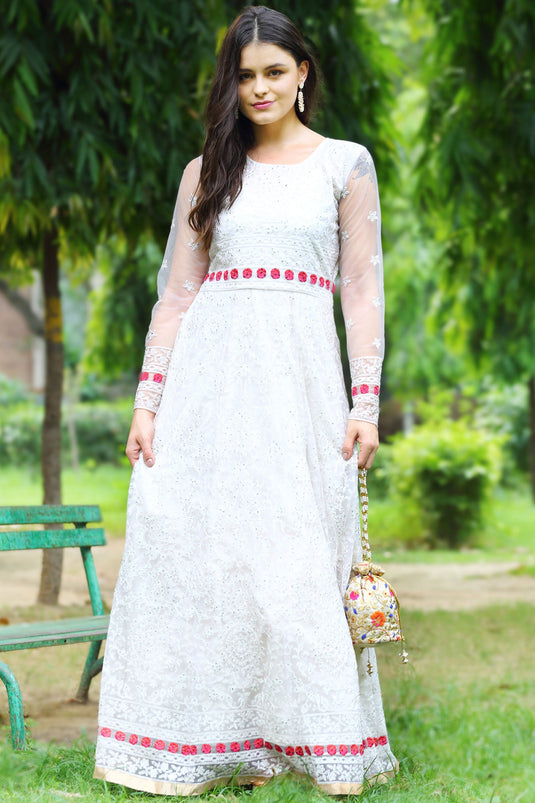 White Net Embroidery Work Anarkali Suit