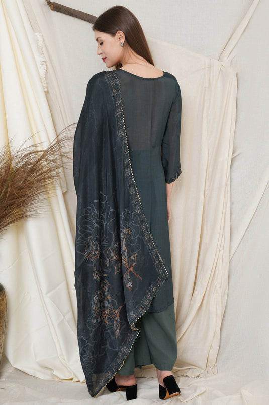 Grey Chiffon Sequins Work Palazzo Dress