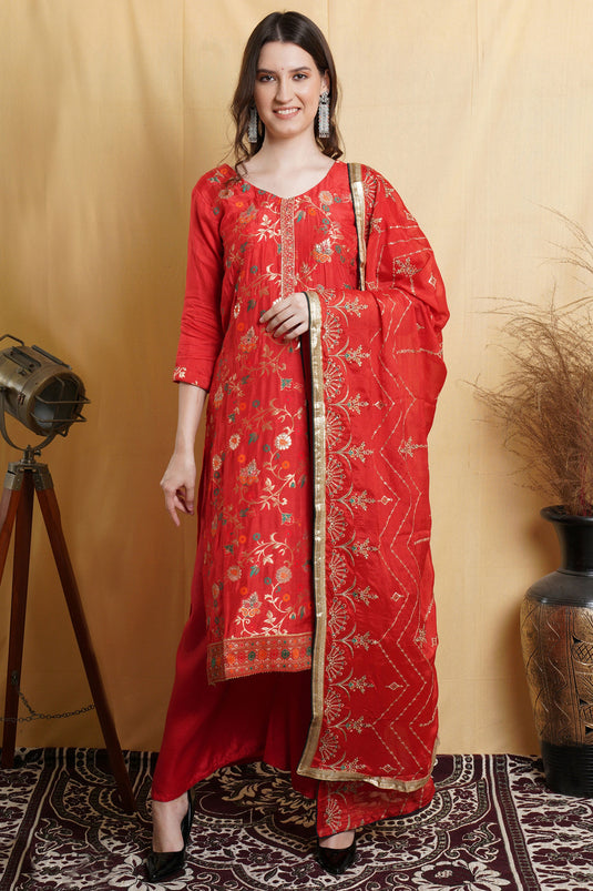 Red Art Silk Weaving Work Function Wear Palazzo Salwar Kameez