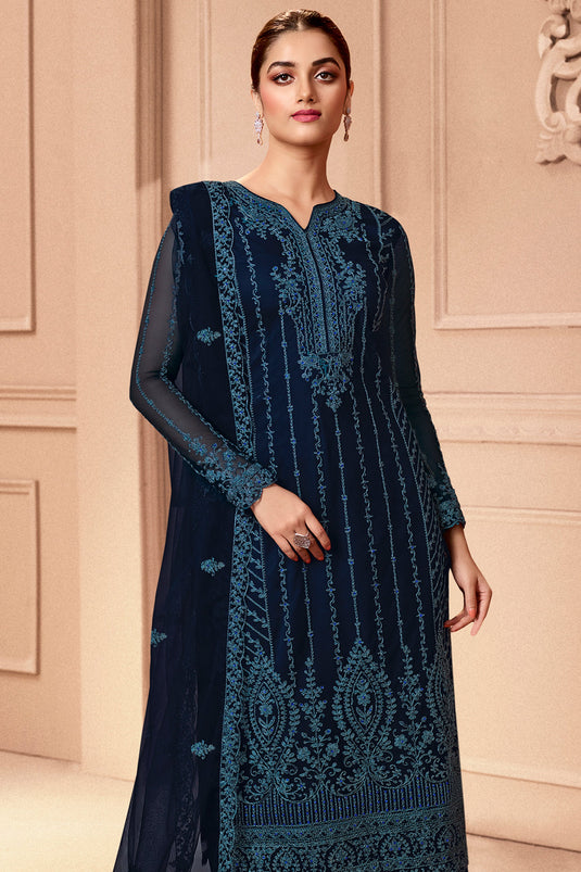 Navy Blue Net Embroidery Festive Wear Palazzo Suit