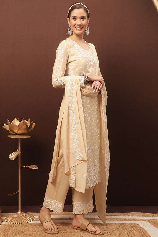 Beige Chinon Embroidered Function Wear Salwar Kameez