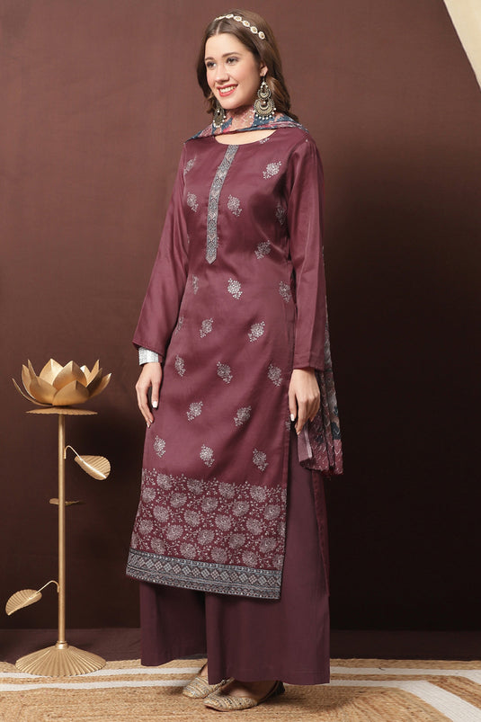 Maroon Art Silk Embroidered Festive Wear Palazzo Salwar Kameez