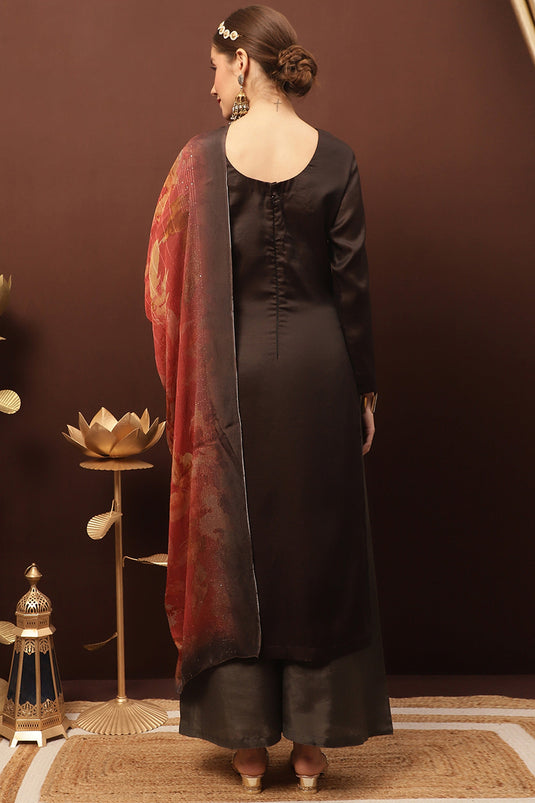 Brown Art Silk Embroidered Function Wear Palazzo Suit