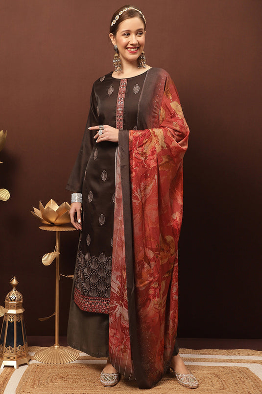 Brown Art Silk Embroidered Function Wear Palazzo Suit