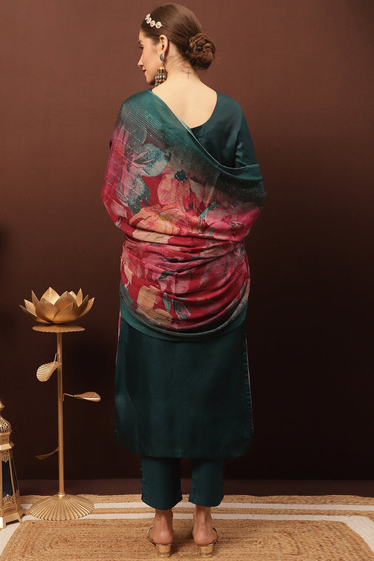 Teal Art Silk Embroidered Festive Wear Dress