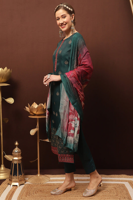 Teal Art Silk Embroidered Festive Wear Dress