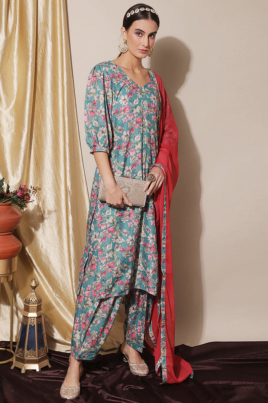 Sky Blue Muslin Printed Daily Wear Salwar Suit