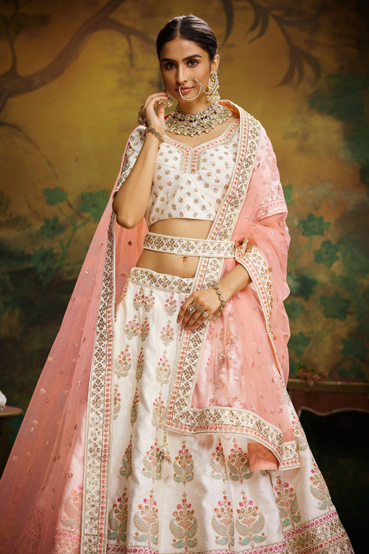 Embroidery Work On Off White Designer 3 Piece Lehenga Choli In Silk Fabric