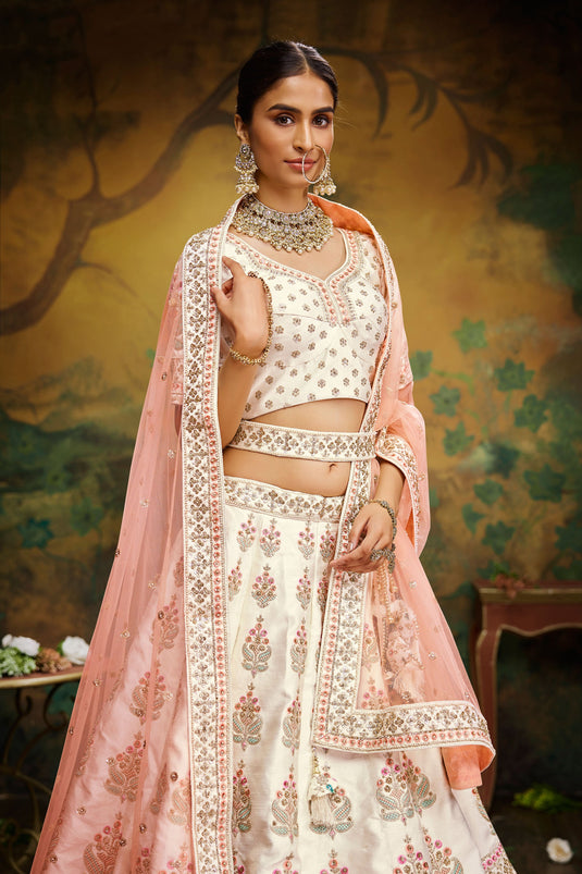 Embroidery Work On Off White Designer 3 Piece Lehenga Choli In Silk Fabric