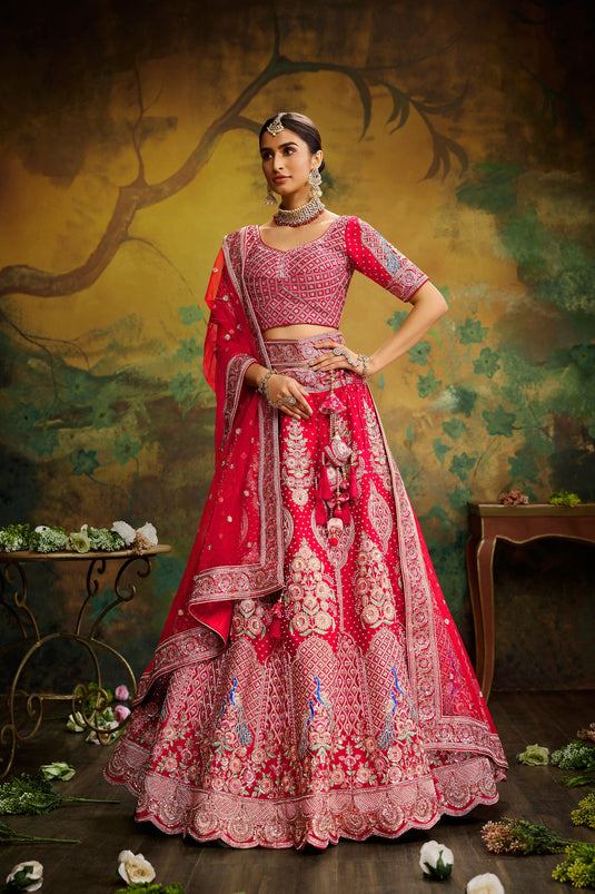 Red Silk Designer Lehengas Choli In With Embroidery Work