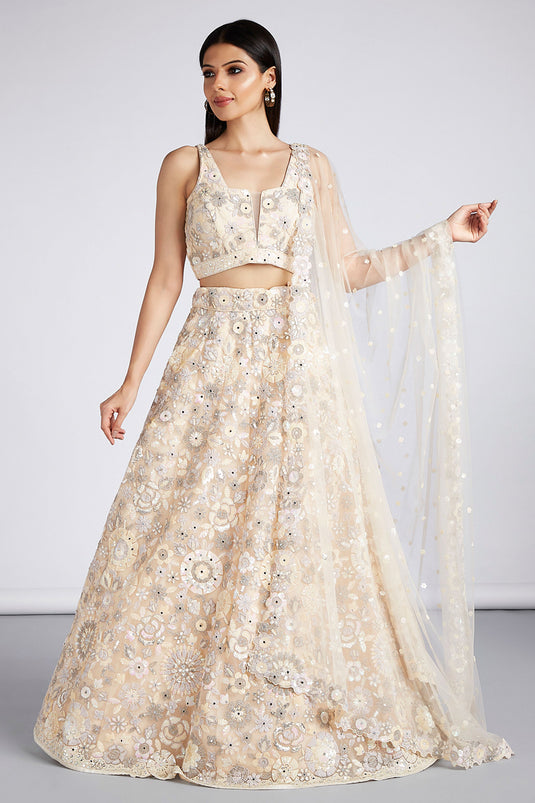 Cream Sequins Work On Wedding Wear Net Lehenga Choli