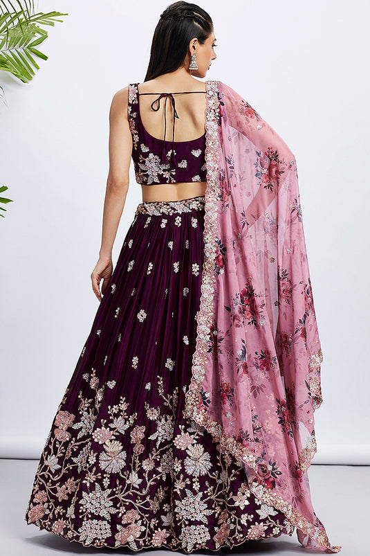 Sequins Work Burgundy Designer Lehenga Choli In Georgette Fabric