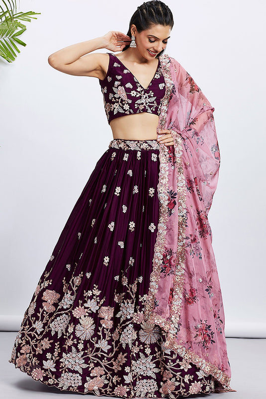 Sequins Work Burgundy Designer Lehenga Choli In Georgette Fabric