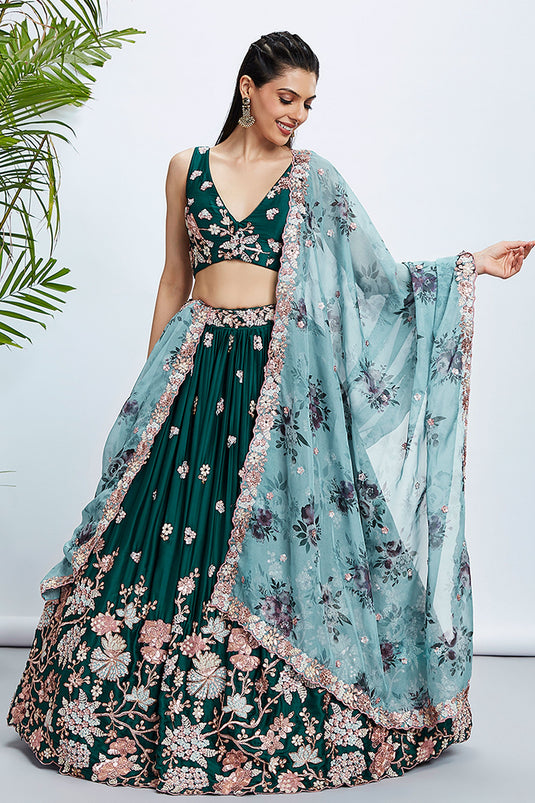 Sequins Work Green Bridal Lehenga In Georgette Fabric with Designer Choli