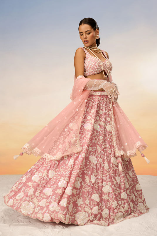 Georgette Fabric Pink Occasion Wear Sequins Work Lehenga Choli