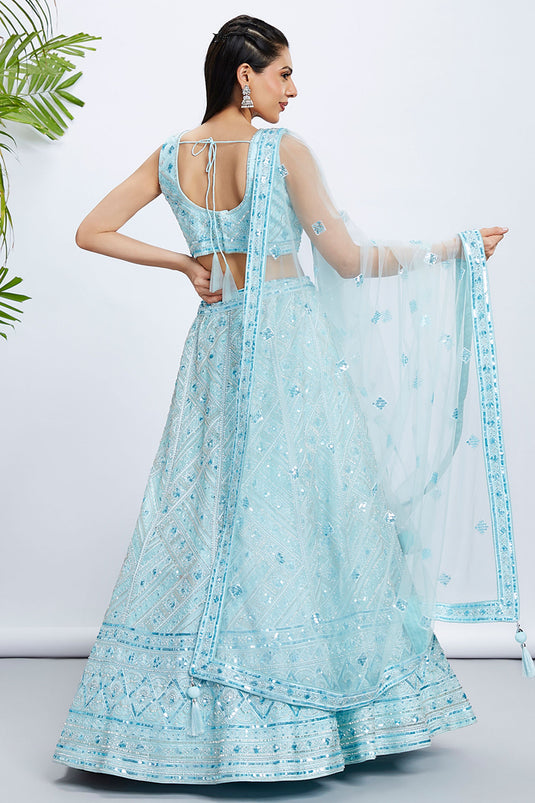 Turquoise Blue Net Fabric Occasion Wear Chaniya Choli With Sequins Work And Blouse