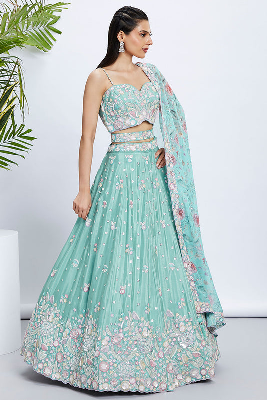 Chiiffon Silk Sea Green Fucntion Wear Lehenga With Sequins Work And Artistic Blouse