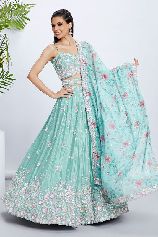 Chiiffon Silk Sea Green Fucntion Wear Lehenga With Sequins Work And Artistic Blouse