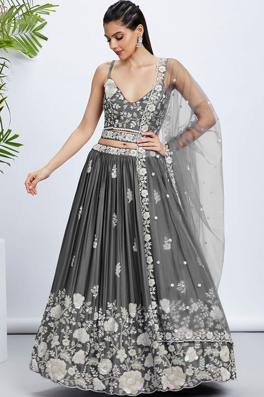 Grey Sequins Work On Georgette Sangeet Wear Lehenga With Beautiful Blouse