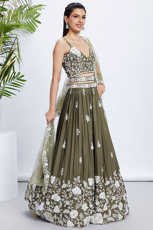 Sequins Work On Olive Georgette Sangeet Wear Chaniya Choli With Designer Blouse