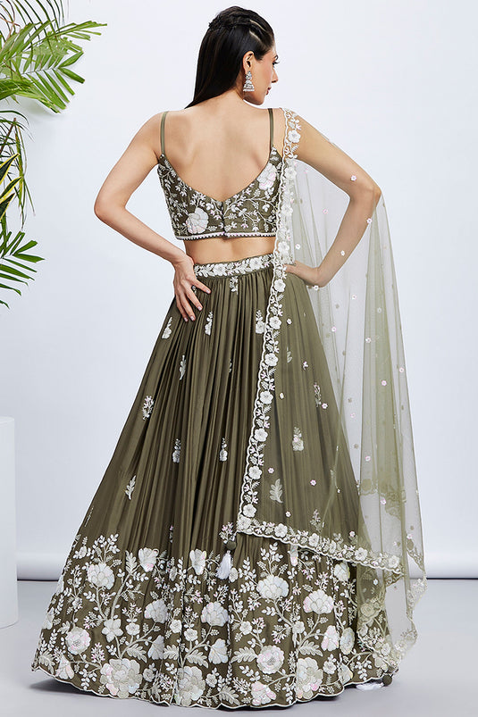 Sequins Work On Olive Georgette Sangeet Wear Chaniya Choli With Designer Blouse