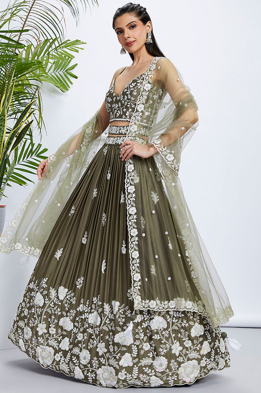 Sequins Work On Olive Georgette Sangeet Wear Chaniya Choli With Designer Blouse