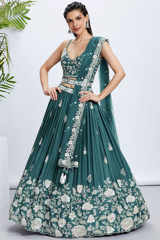 Sequins Work On Turquoise Blue Lehenga In Georgette Fabric With Mesmeric Blouse