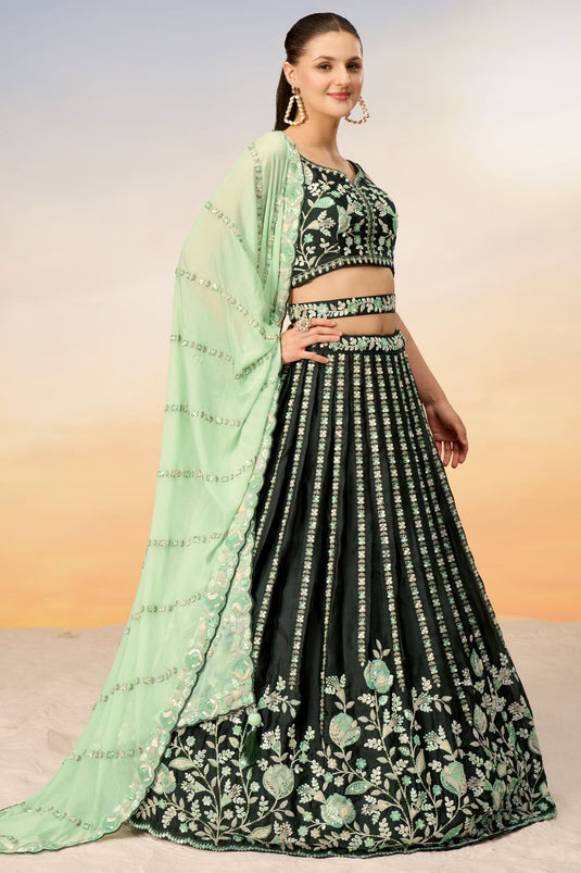 Green Satin Lehenga With Sequins Work And Enchanting Blouse