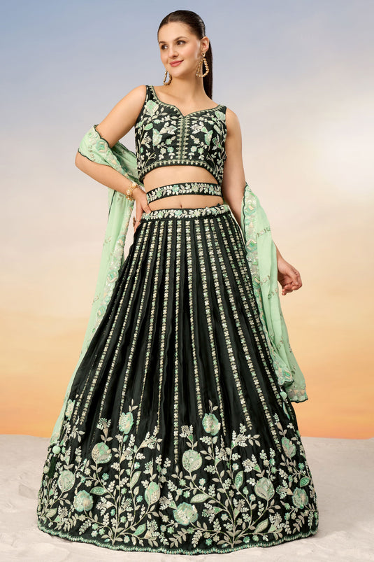 Green Satin Lehenga With Sequins Work And Enchanting Blouse