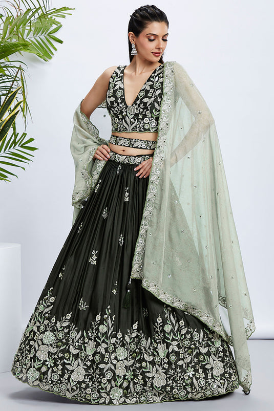 Olive Silk Fabric Sequins Work Lehenga With Blouse