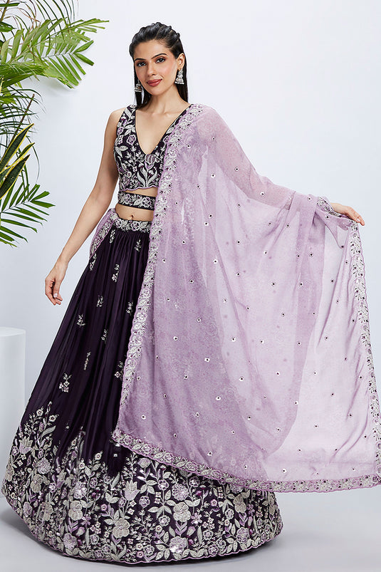 Sequins Work On Purple Silk Lehenga With Artistic Blouse