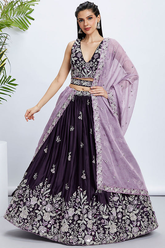 Sequins Work On Purple Silk Lehenga With Artistic Blouse